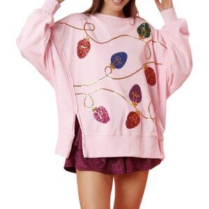 Oversized Pink Sequin Christmas Lights Sweatshirt Holidays Winter NWOT